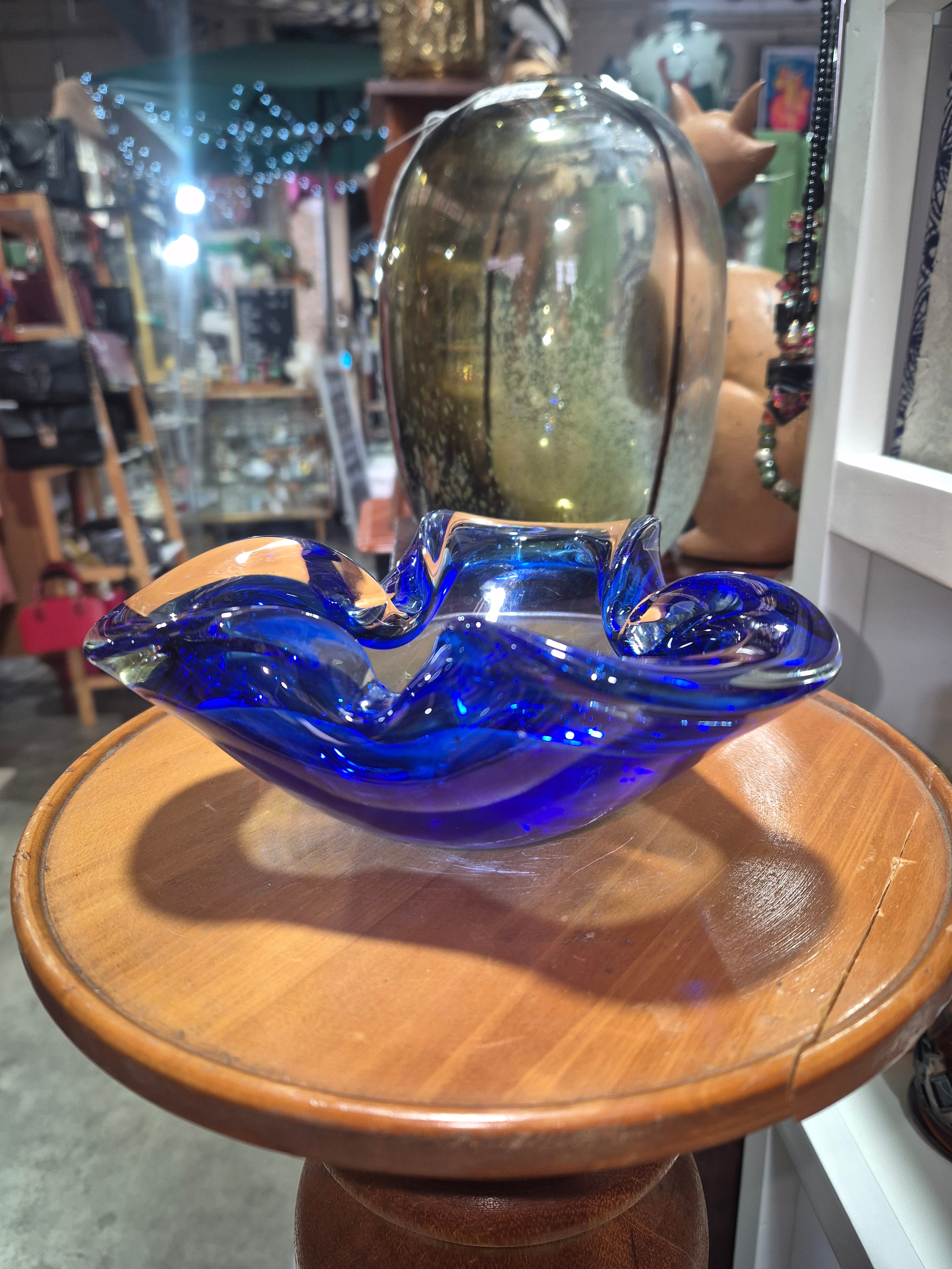 Mid-Century Bohemia Art Blue Freeform Glass Ashtray