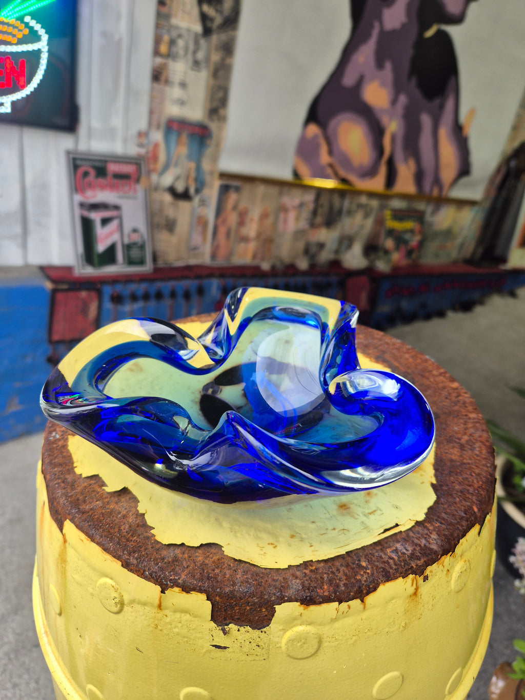 Mid-Century Bohemia Art Blue Freeform Glass Ashtray