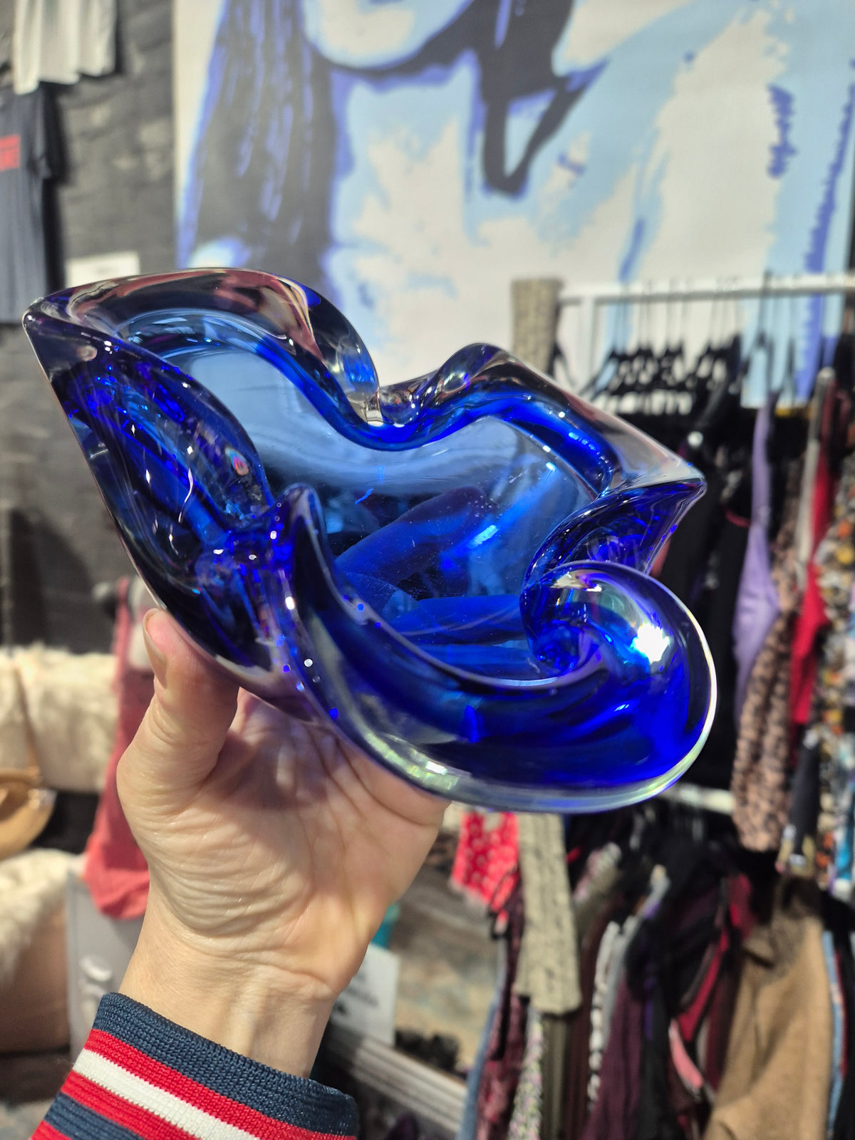 Mid-Century Bohemia Art Blue Freeform Glass Ashtray